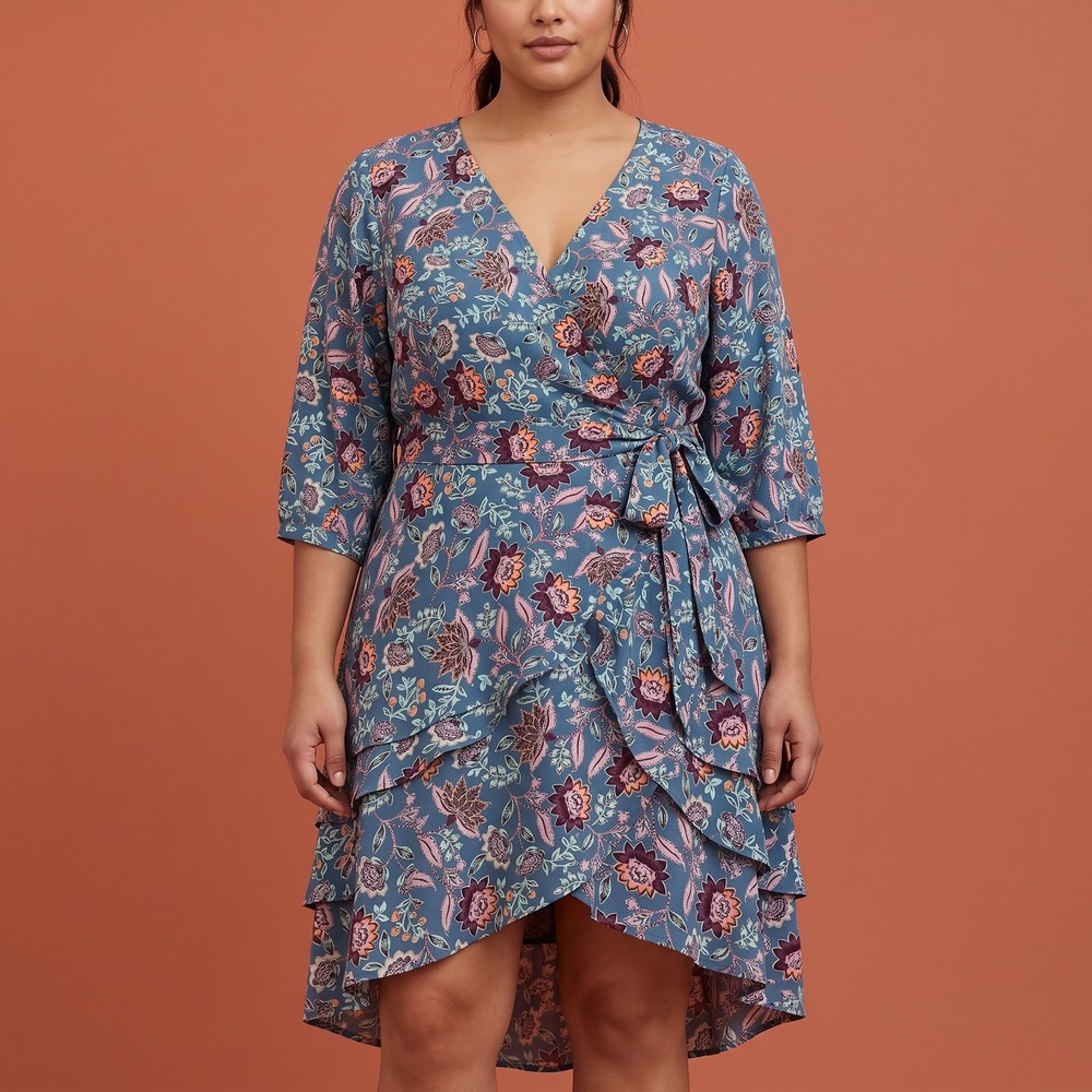 Torrid Dress Womens 1 Floral Wrap Teal Blue High-Low Tiered EUC